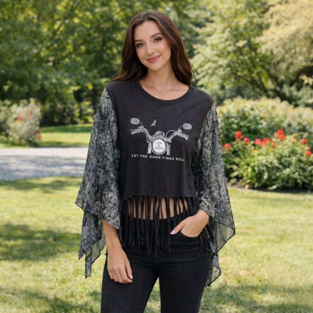 Upcycled T Shirt Poncho Handknotted Beaded Fringe M Life is Good Black